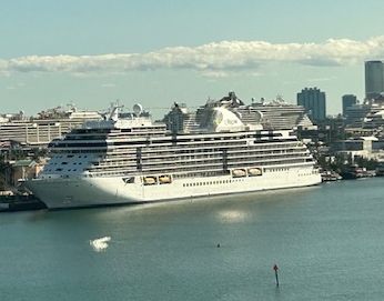 The view from our bedroom window. RSSC’s newest ship, the Grandeur.