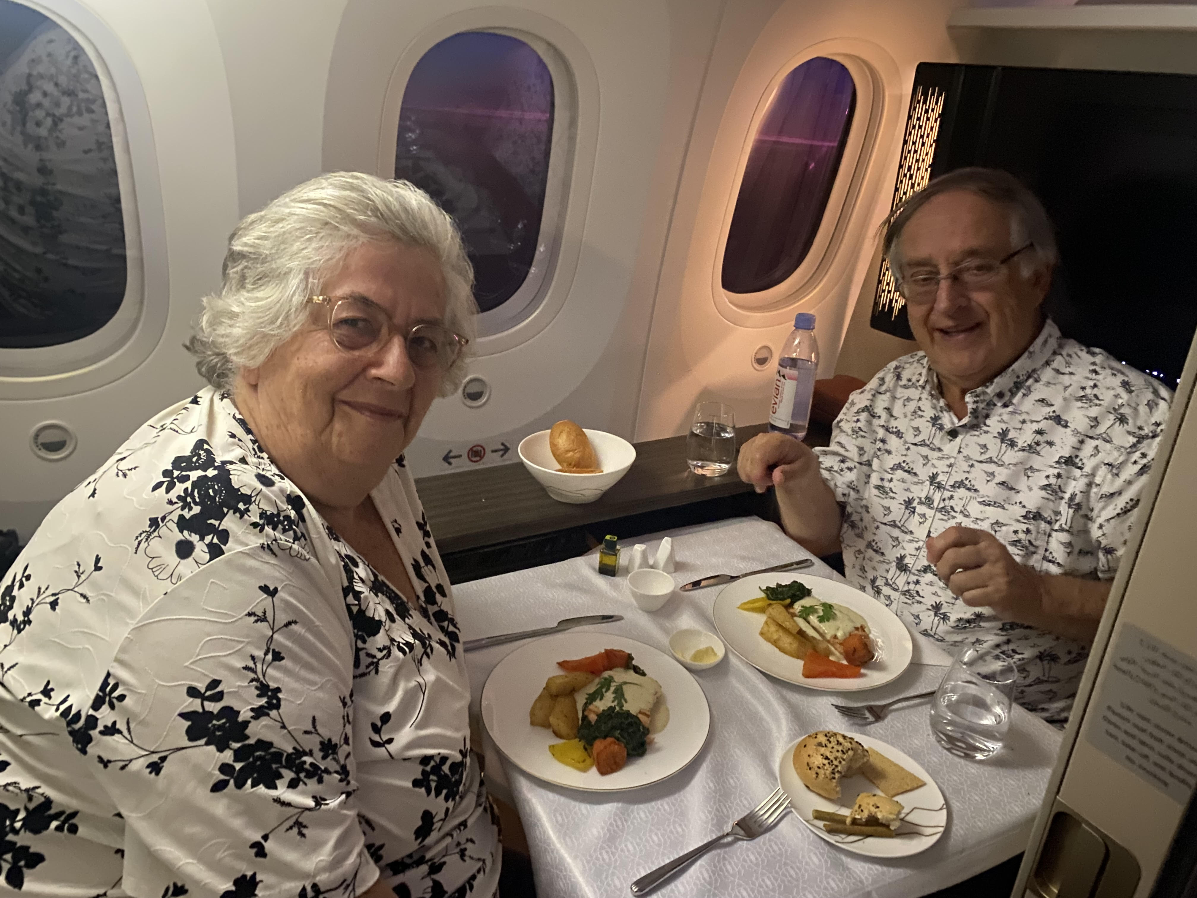 Dining in First on the way back is rather like savouring a fine resturant. The Editor-in-Chief and wife.